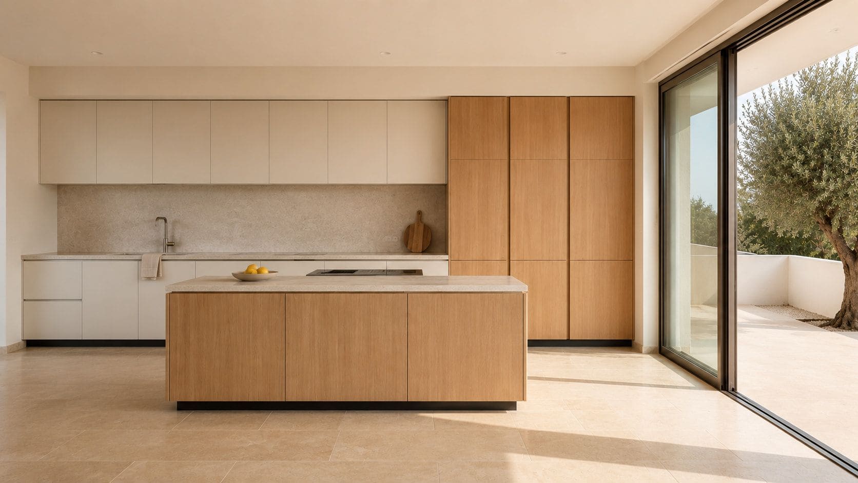 Interior de cozinha contemporânea em tons de pedra clara e madeira, com luz natural sobre a bancada